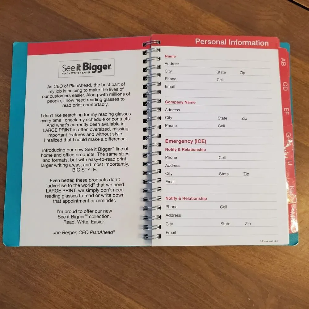 See It Bigger Telephone Address Book Large Print Tabbed Pages Floral Spiral